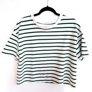 Oysho White Green Striped Cropped 100% Cotton Tshirt Small